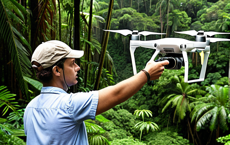 **Image Prompt:** A researcher using a drone in a lush rainforest, capturing aerial images of the diverse plant life. The drone is equipped with remote sensors, and the overall scene emphasizes the use of technology for environmental monitoring.