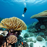 **

Prompt: A devastated coral reef in Pulau Tioman, Malaysia, showing coral bleaching due to rising sea temperatures. Underwater view, vibrant colors fading to white, illustrating the impact of climate change on marine biodiversity. Divers in the background observing the damage, concerned expressions.

**
