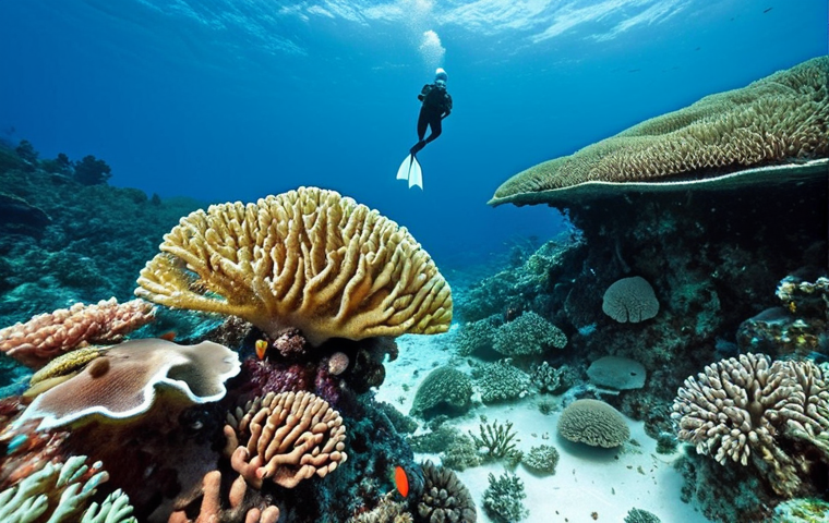 **

Prompt: A devastated coral reef in Pulau Tioman, Malaysia, showing coral bleaching due to rising sea temperatures. Underwater view, vibrant colors fading to white, illustrating the impact of climate change on marine biodiversity. Divers in the background observing the damage, concerned expressions.

**