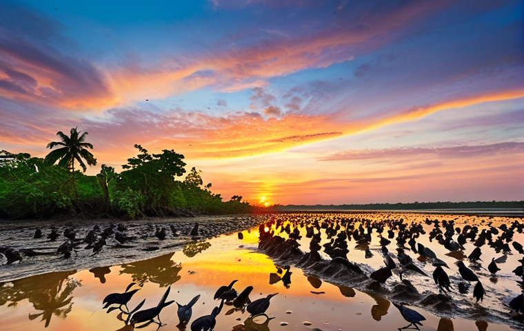 A vibrant mudflat scene in Kuala Selangor at sunset. Lively mudskippers (ketam nipah) scuttling across the mud, with migratory birds wading in shallow pools searching for food. Mangrove trees in the background, silhouetted against the colorful sky.