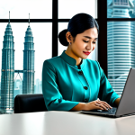 **

"A fully clothed Malaysian woman in a modest baju kurung, working on a laptop at a desk in a bright, modern office overlooking the Petronas Twin Towers. Professional attire, safe for work, appropriate content, perfect anatomy, natural proportions, professional photography, high quality, family-friendly."

**