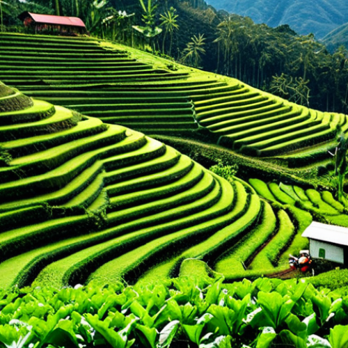**

"A lush green organic farm in Cameron Highlands, Malaysia, featuring terraced fields, rows of vegetables, and farmers working, fully clothed, appropriate attire, safe for work, professional photography, perfect anatomy, natural proportions, family-friendly, modest setting, high quality."

**