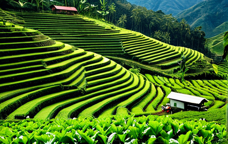 **

"A lush green organic farm in Cameron Highlands, Malaysia, featuring terraced fields, rows of vegetables, and farmers working, fully clothed, appropriate attire, safe for work, professional photography, perfect anatomy, natural proportions, family-friendly, modest setting, high quality."

**